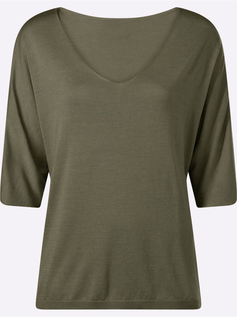 Pull En Tricot Fin Encolure En V Affinante - Taille Standard - Helline Kaki - Kiabi