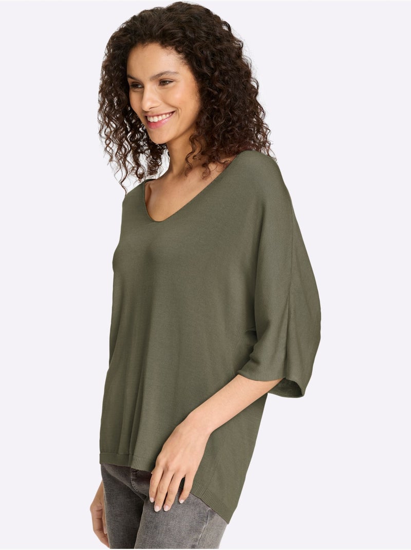 Pull En Tricot Fin Encolure En V Affinante - Taille Standard - Helline Kaki - Kiabi