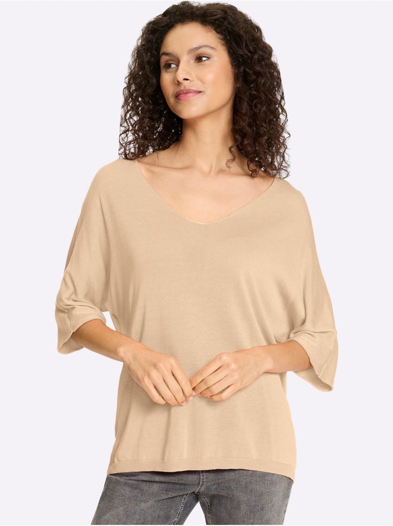 Pull En Tricot Fin Encolure En V Affinante - Taille Standard - Helline Sable - Kiabi