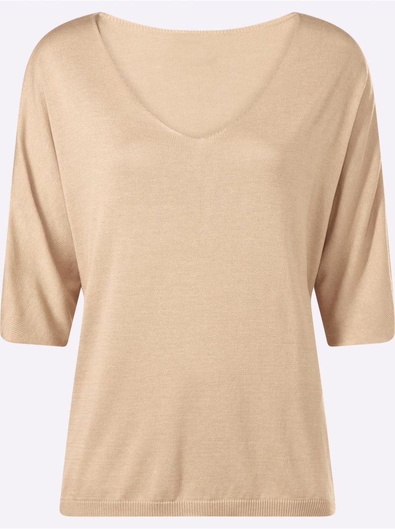 Pull En Tricot Fin Encolure En V Affinante - Taille Standard - Helline Sable - Kiabi