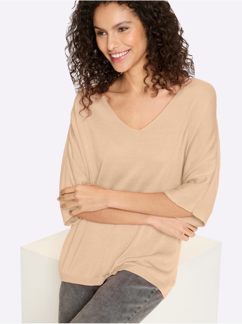 Pull En Tricot Fin Encolure En V Affinante - Taille Standard - Helline Sable - Kiabi