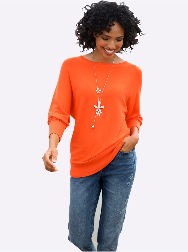 Pull En Tricot Fin Finitions Décoratives - Taille Standard - Helline Orange - Kiabi