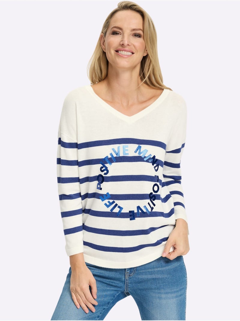 Pull En Tricot Fin Inscription Brillante - Taille Standard - Helline Bleu roi - Kiabi