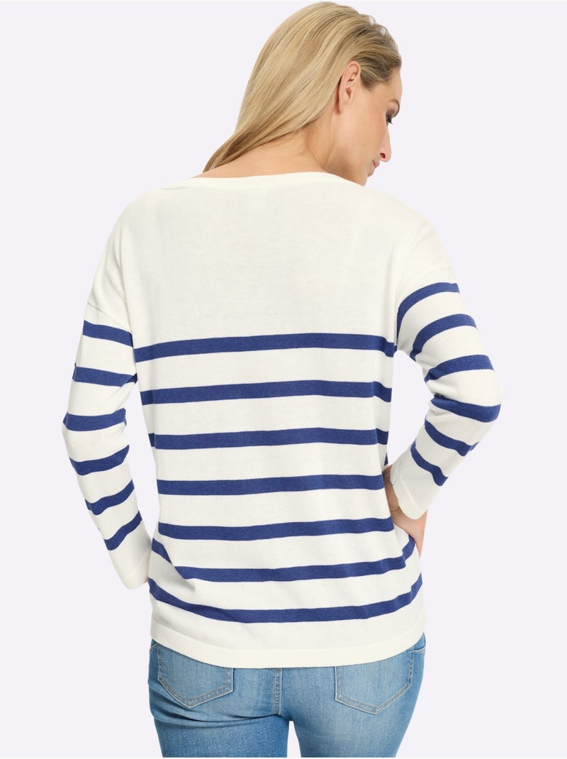 Pull En Tricot Fin Inscription Brillante - Taille Standard - Helline Bleu roi - Kiabi