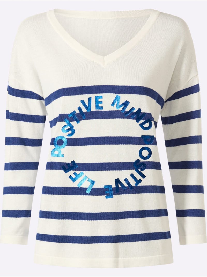 Pull En Tricot Fin Inscription Brillante - Taille Standard - Helline Bleu roi - Kiabi