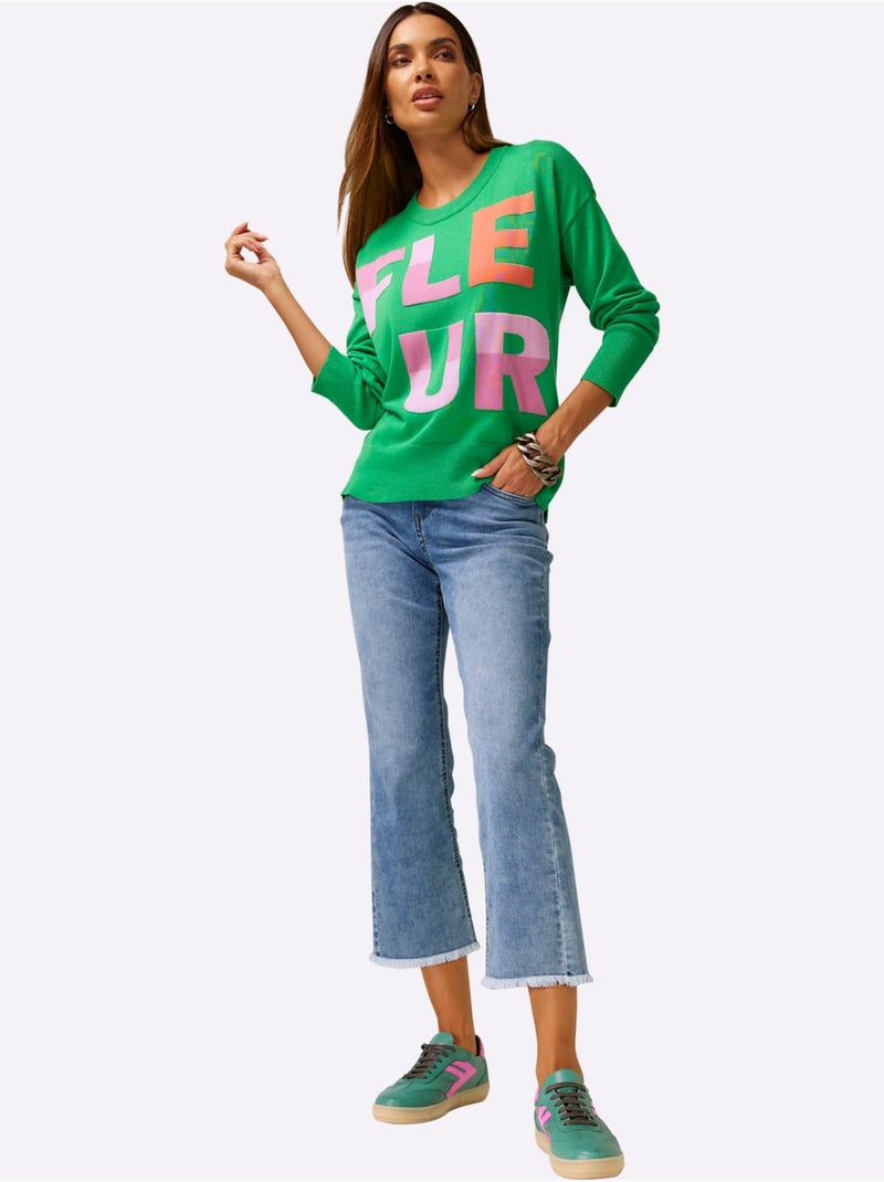 Pull En Tricot Fin Inscription Tendance - Taille Standard - Helline Rose/Vert - Kiabi