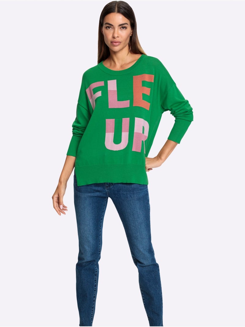 Pull En Tricot Fin Inscription Tendance - Taille Standard - Helline Rose/Vert - Kiabi