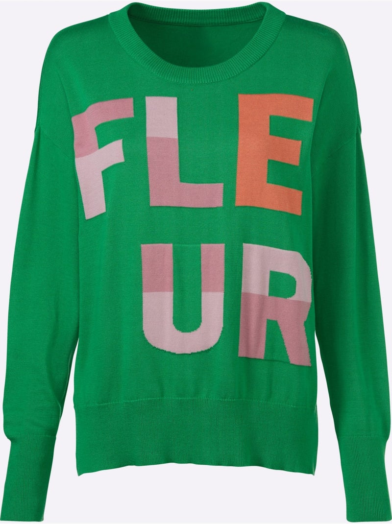 Pull En Tricot Fin Inscription Tendance - Taille Standard - Helline Rose/Vert - Kiabi