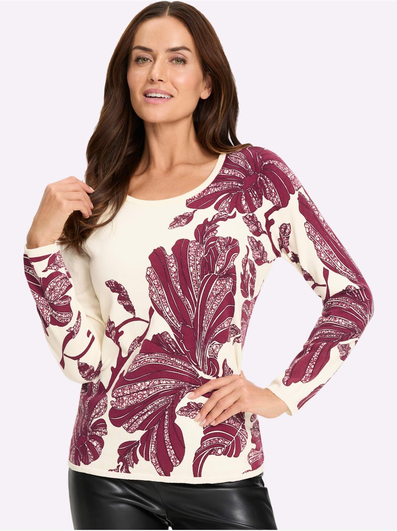 Pull en tricot fin joli imprimé feuilles - taille standard - helline Jaune / Violet - Kiabi