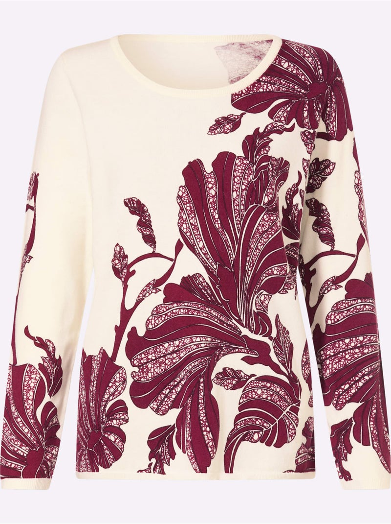 Pull en tricot fin joli imprimé feuilles - taille standard - helline Jaune / Violet - Kiabi
