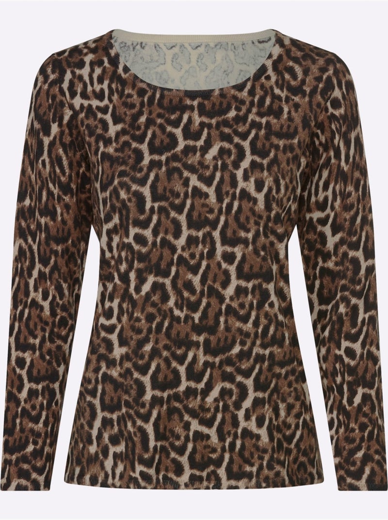 Pull En Tricot Fin Joli Motif Léopard - Taille Standard - Helline Noir Marron - Kiabi
