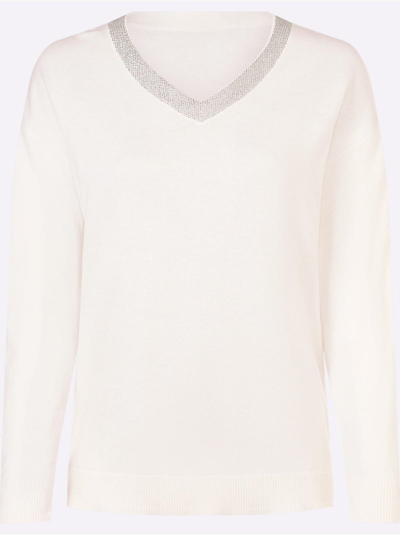 Pull En Tricot Fin Jolies Pierres Brillantes Fantaisie - Taille Standard - Helline Ecru - Kiabi