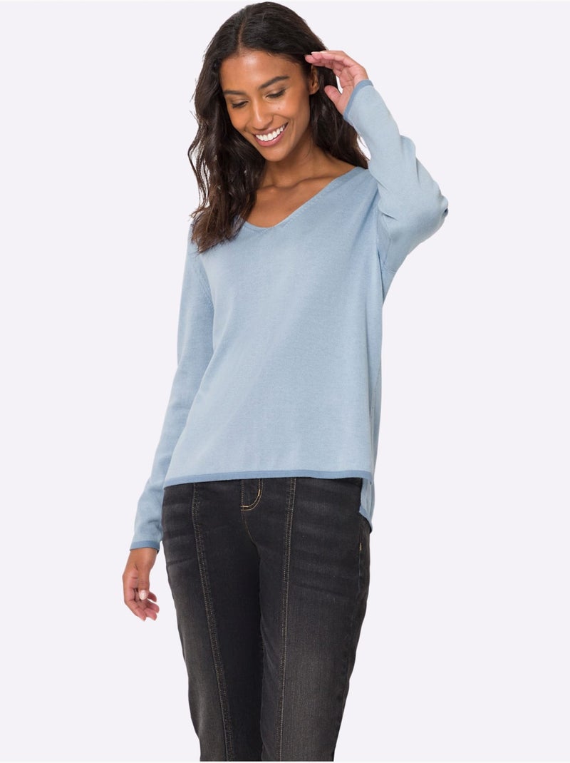 Pull En Tricot Fin Jolis Coloris Contrastés - Taille Standard - Helline Bleu Bleu - Kiabi