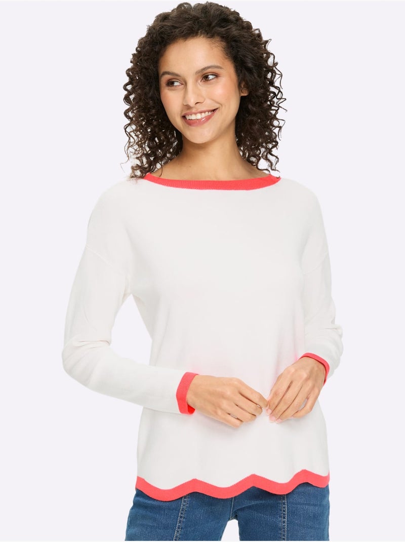 Pull en tricot fin jolis contrastes - taille standard - helline Ecru - Kiabi