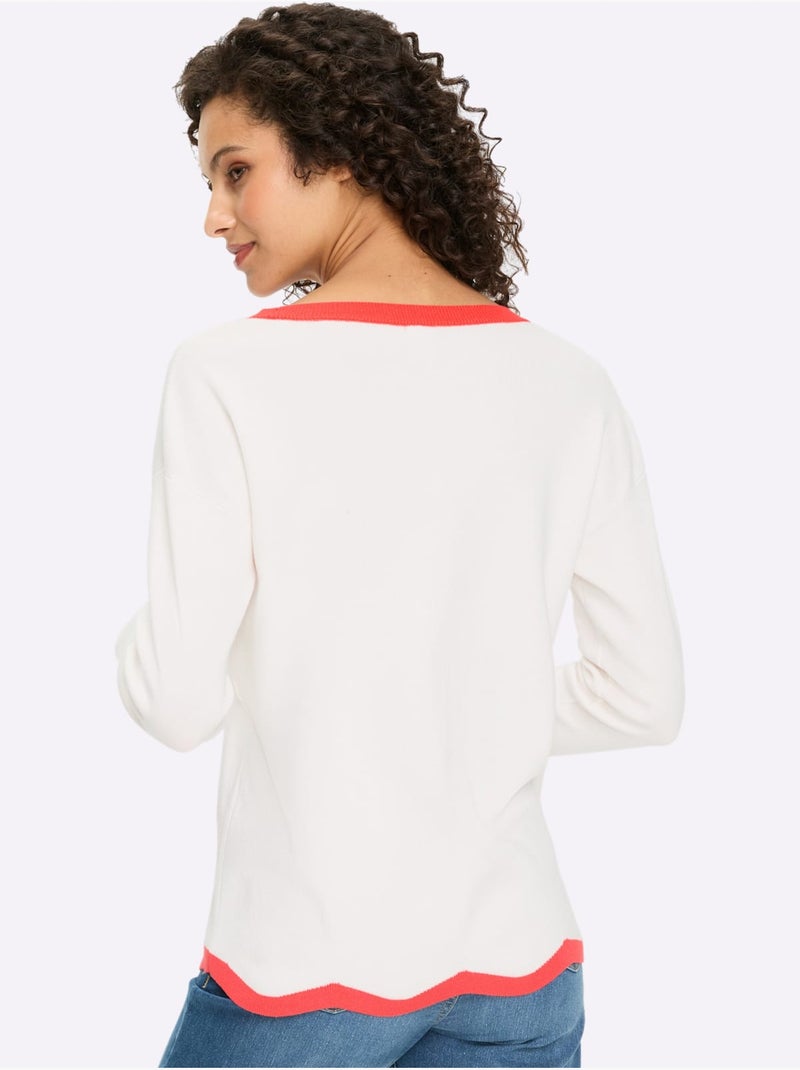 Pull en tricot fin jolis contrastes - taille standard - helline Ecru - Kiabi