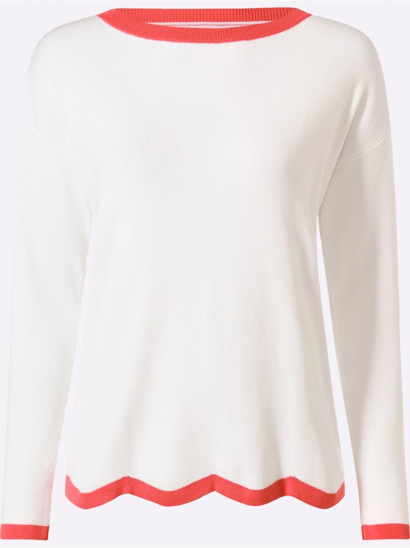 Pull en tricot fin jolis contrastes - taille standard - helline Ecru - Kiabi