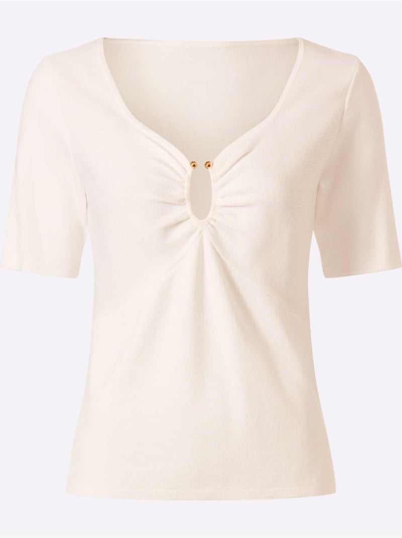 Pull En Tricot Fin Jolis Détails à L'encolure - Taille Standard - Helline Ecru - Kiabi