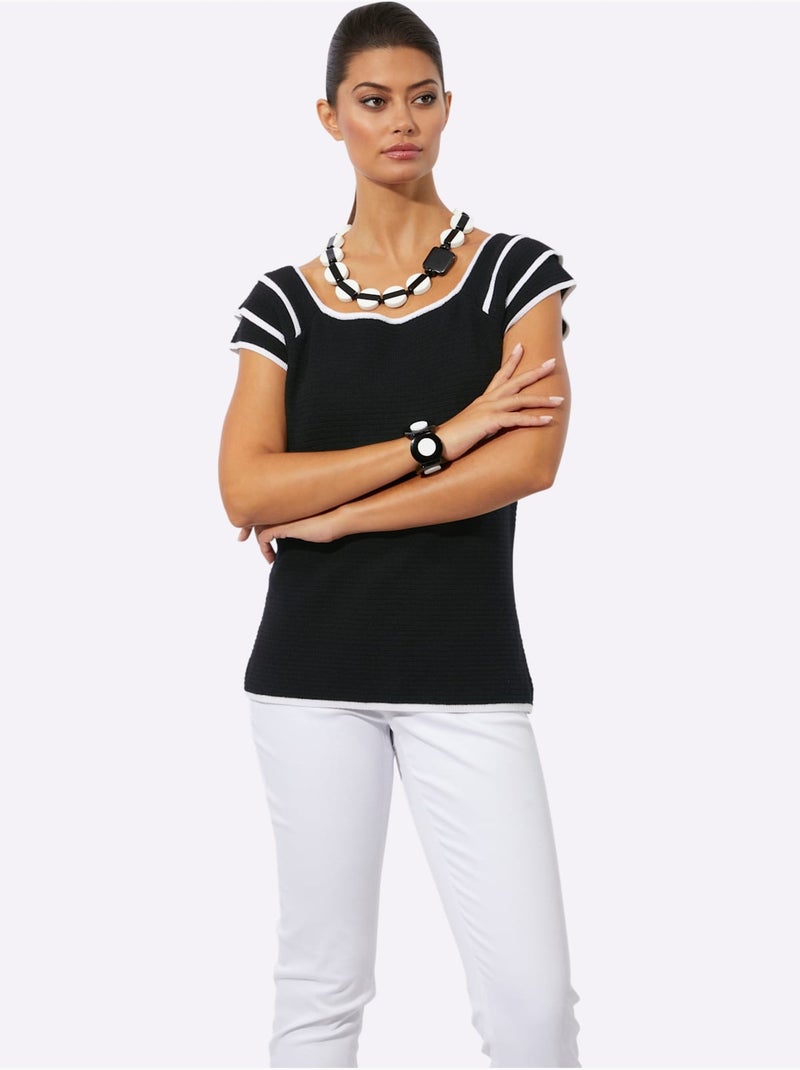 Pull En Tricot Fin Mélange De Viscose Doux - Taille Standard - Helline Noir Beige - Kiabi