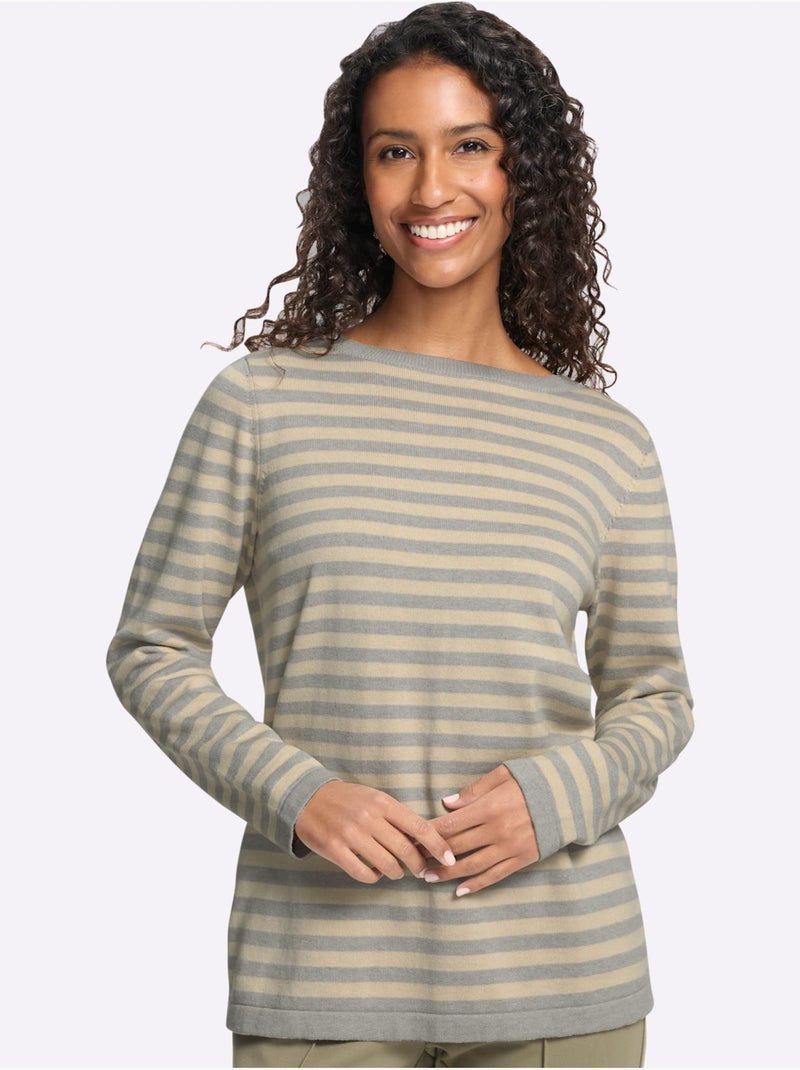 Pull en tricot fin motif à rayures tendance - taille standard - helline Beige gris - Kiabi
