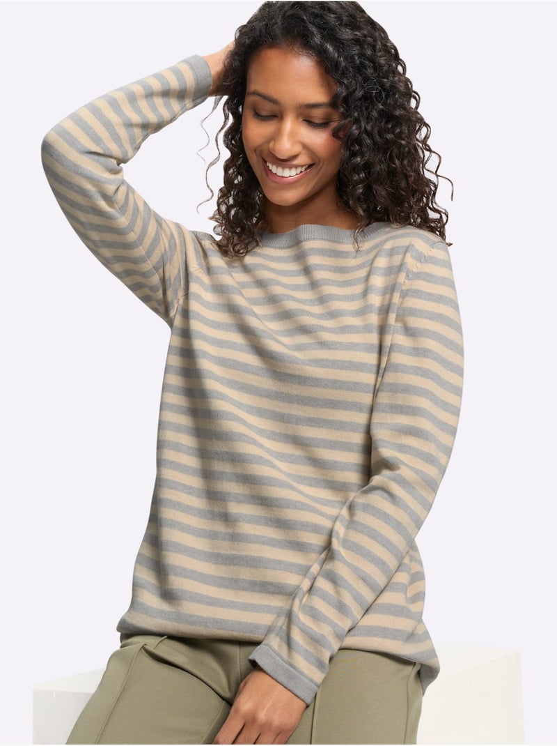 Pull en tricot fin motif à rayures tendance - taille standard - helline Beige gris - Kiabi