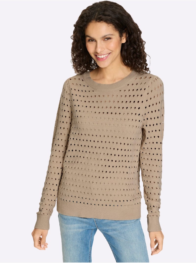 Pull En Tricot Fin Motif Ajouré Légèrement Transparent - Taille Standard - Helline Beige - Kiabi