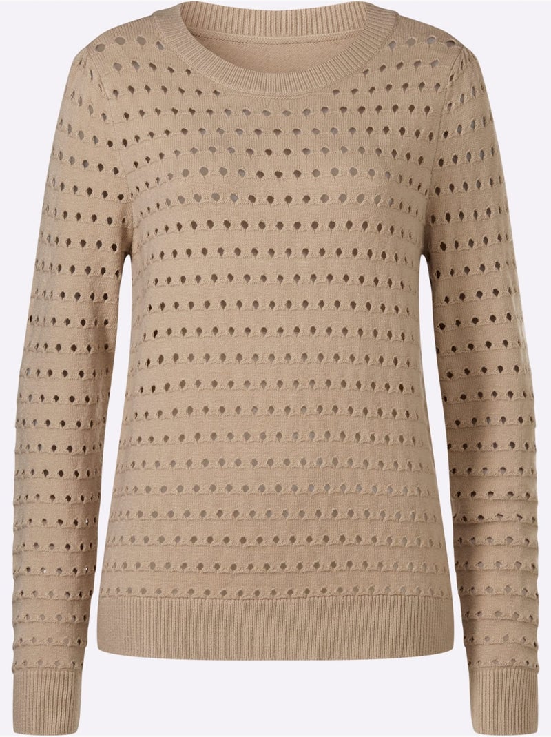 Pull En Tricot Fin Motif Ajouré Légèrement Transparent - Taille Standard - Helline Beige - Kiabi