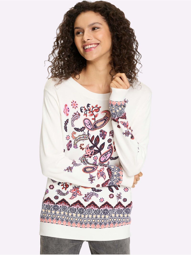 Pull En Tricot Fin Motif Imprimé Exclusif - Taille Standard - Helline Ecru - Kiabi