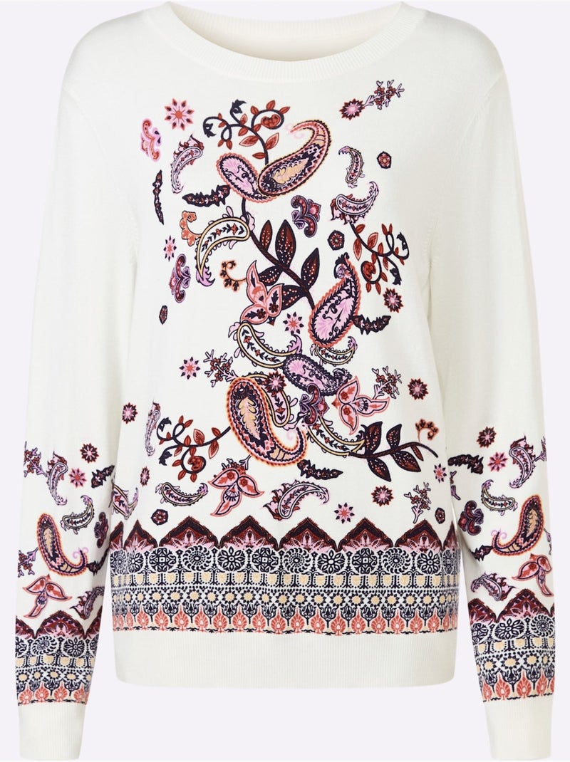 Pull En Tricot Fin Motif Imprimé Exclusif - Taille Standard - Helline Ecru - Kiabi