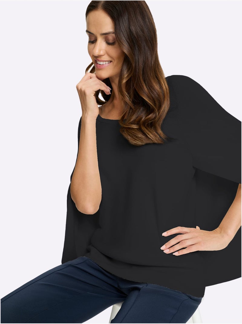 Pull En Tricot Fin Poncho Avec Bas Cousu - Taille Standard - helline Noir - Kiabi