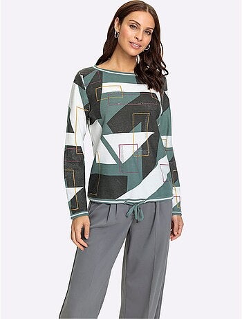 pull en tricot fin souple avec col rond imprimé géométrique - Taille standard - Witt