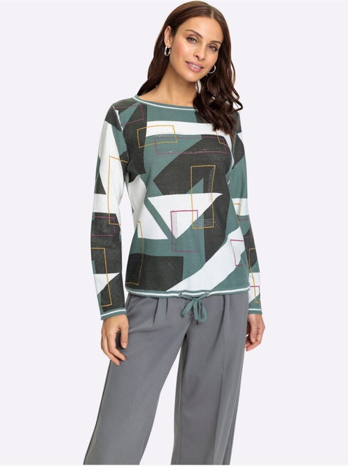 pull en tricot fin souple avec col rond imprimé géométrique - Taille standard - Witt - Kiabi