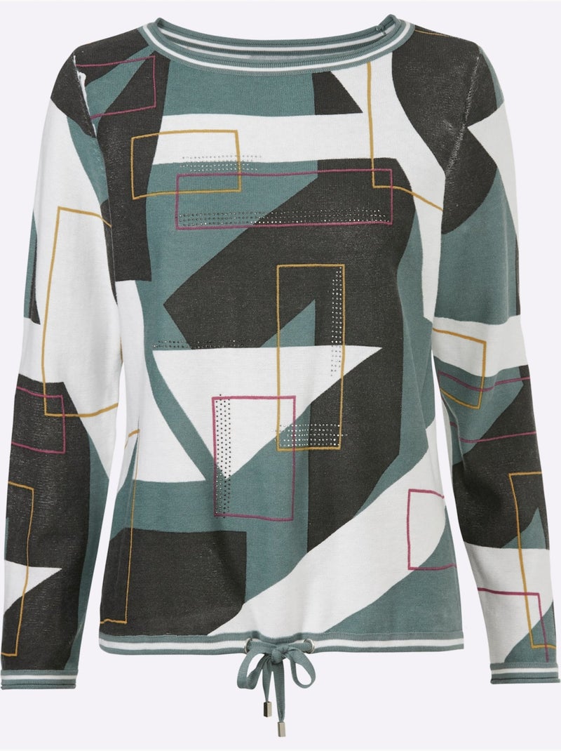 pull en tricot fin souple avec col rond imprimé géométrique - Taille standard - Witt Noir Ecru - Kiabi