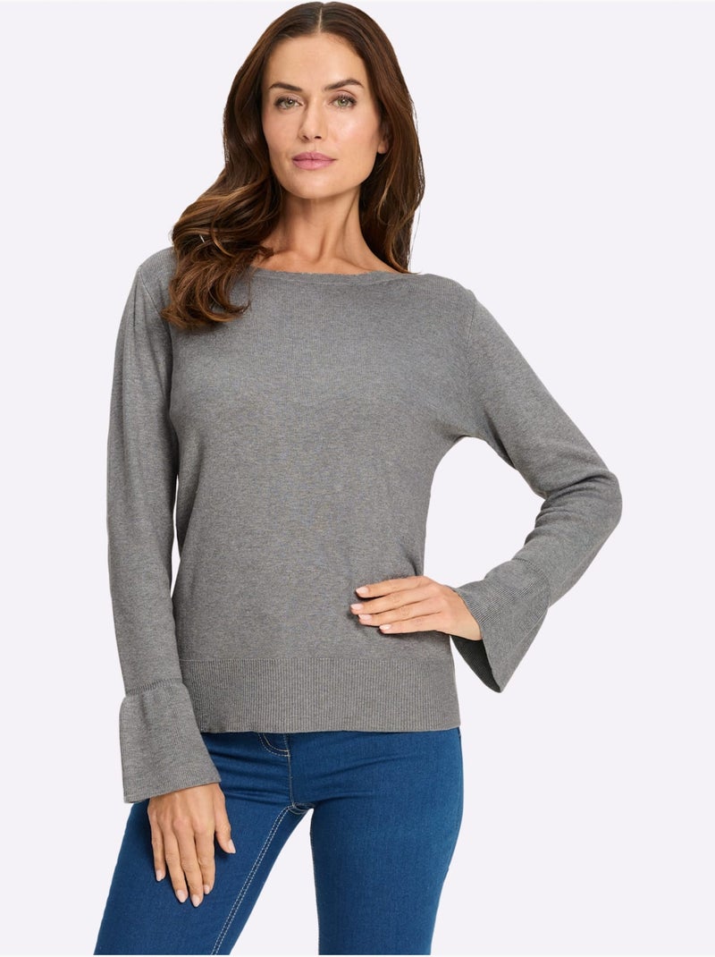 Pull En Tricot Fin Volants Originaux Aux Manches - Taille Standard - Helline Gris chiné - Kiabi