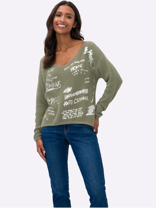 Pull En Tricot Imprimé Feuille Brillant - Taille Standard - Helline - Kiabi Pull En Tricot Imprimé Feuille Brillant - Taille Standard - Helline - Kiabi