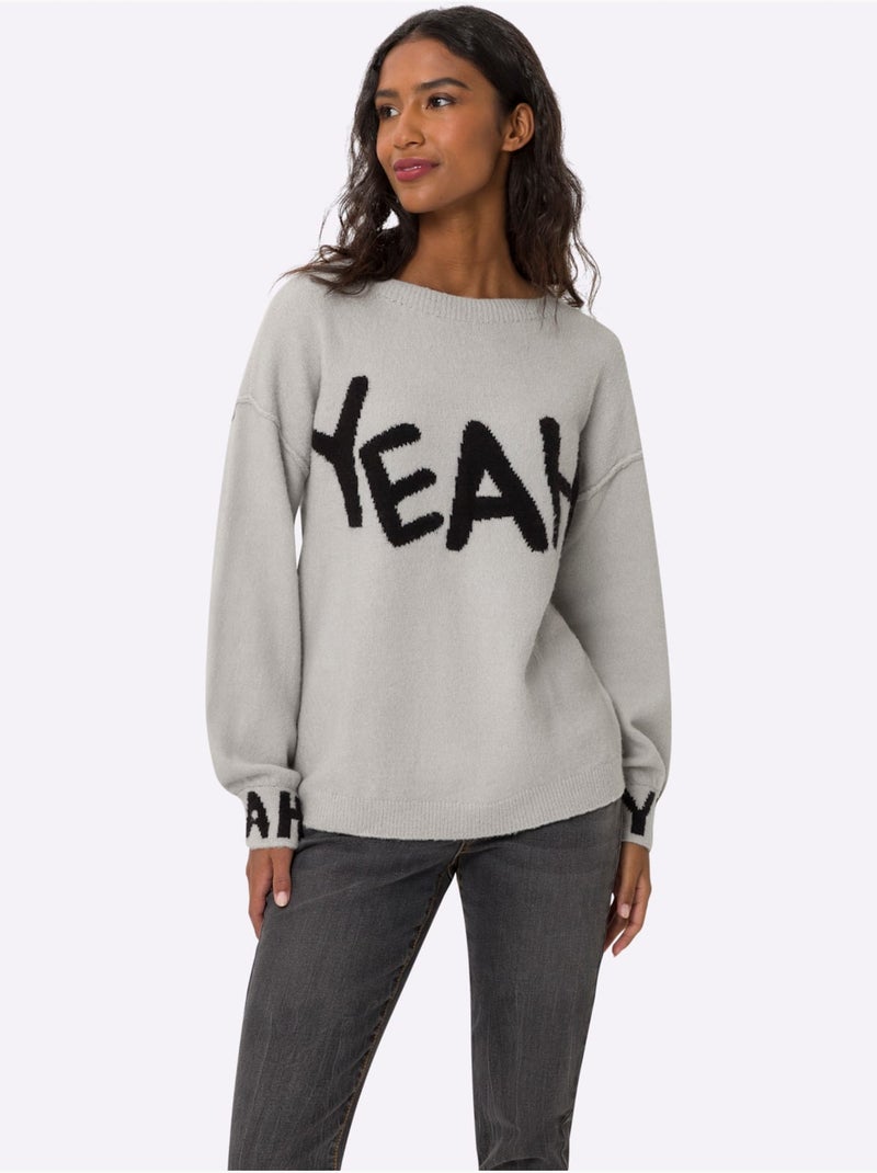 Pull en tricot inscription tendance - taille standard - helline Gris clair - Kiabi