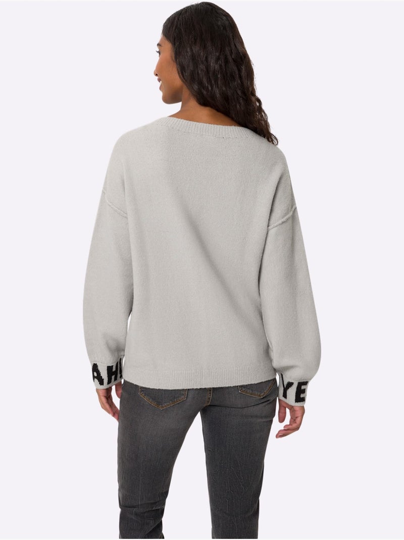 Pull en tricot inscription tendance - taille standard - helline Gris clair - Kiabi