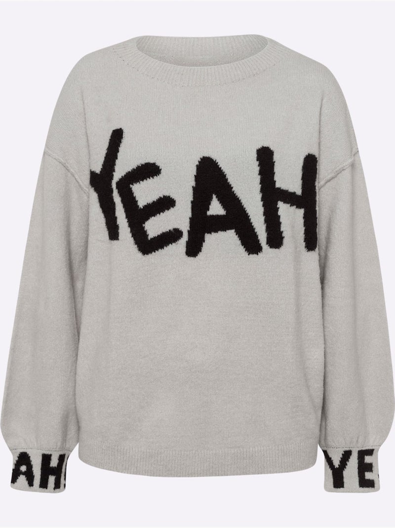 Pull en tricot inscription tendance - taille standard - helline Gris clair - Kiabi