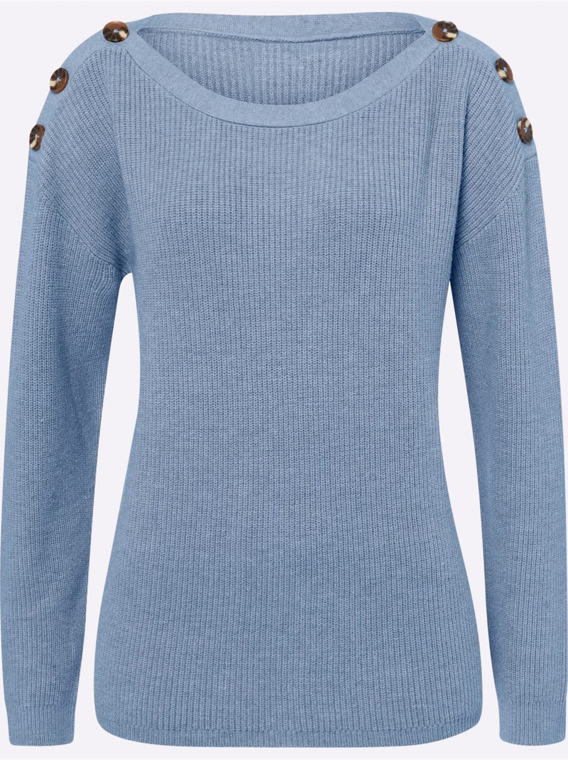 Pull En Tricot Large Encolure Ronde - Taille Standard - Helline Bleu clair - Kiabi