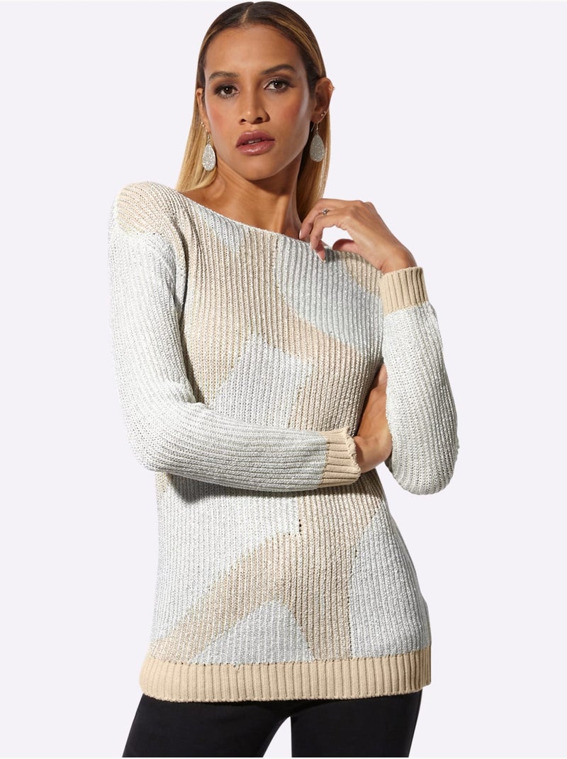Pull en tricot mélange de cotons agréable - taille standard - helline Ecru/Argent - Kiabi