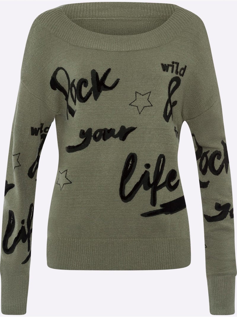 Pull En Tricot Motif Imprimé Devant - Taille Standard - helline Kaki - Kiabi