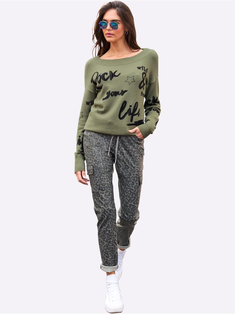 Pull En Tricot Motif Imprimé Devant - Taille Standard - helline Kaki - Kiabi