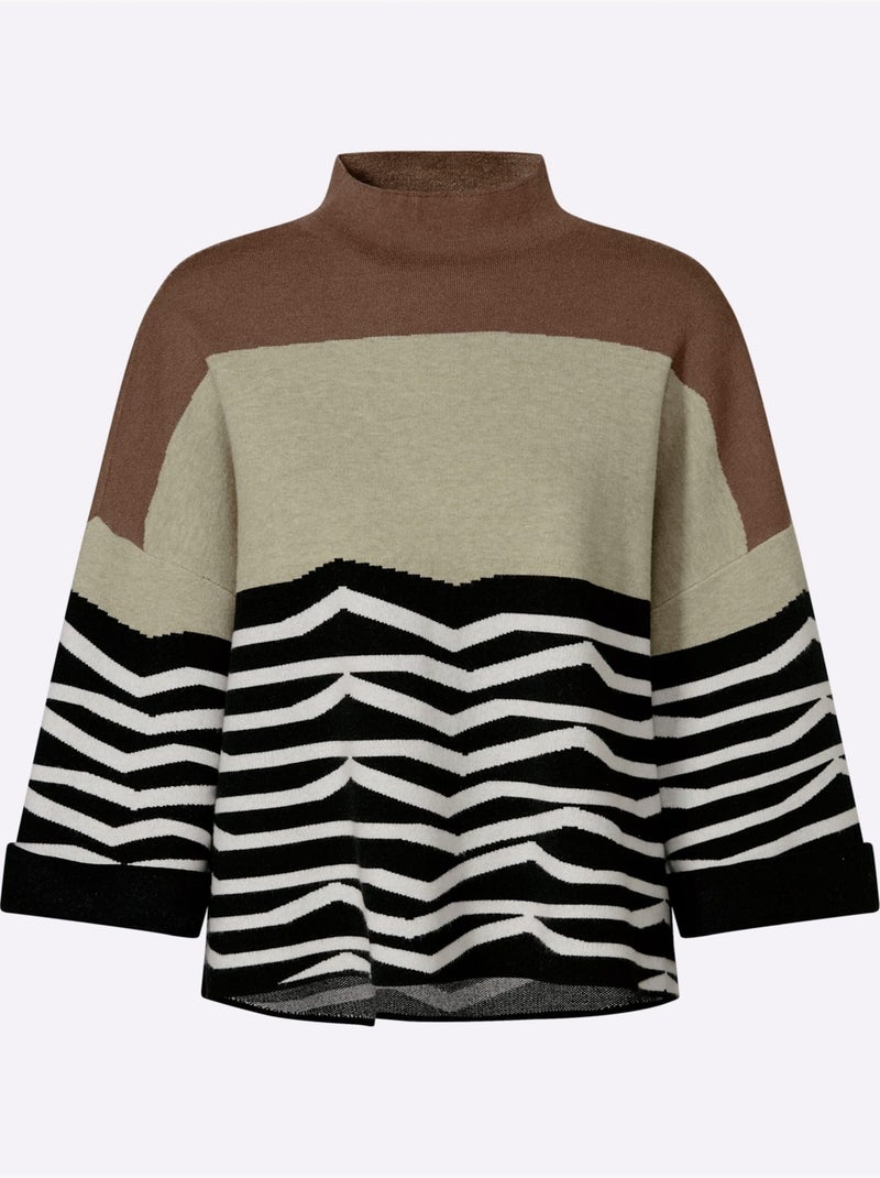 Pull En Tricot Motif Jacquard Original - Taille Standard - Helline Beige/Noir - Kiabi