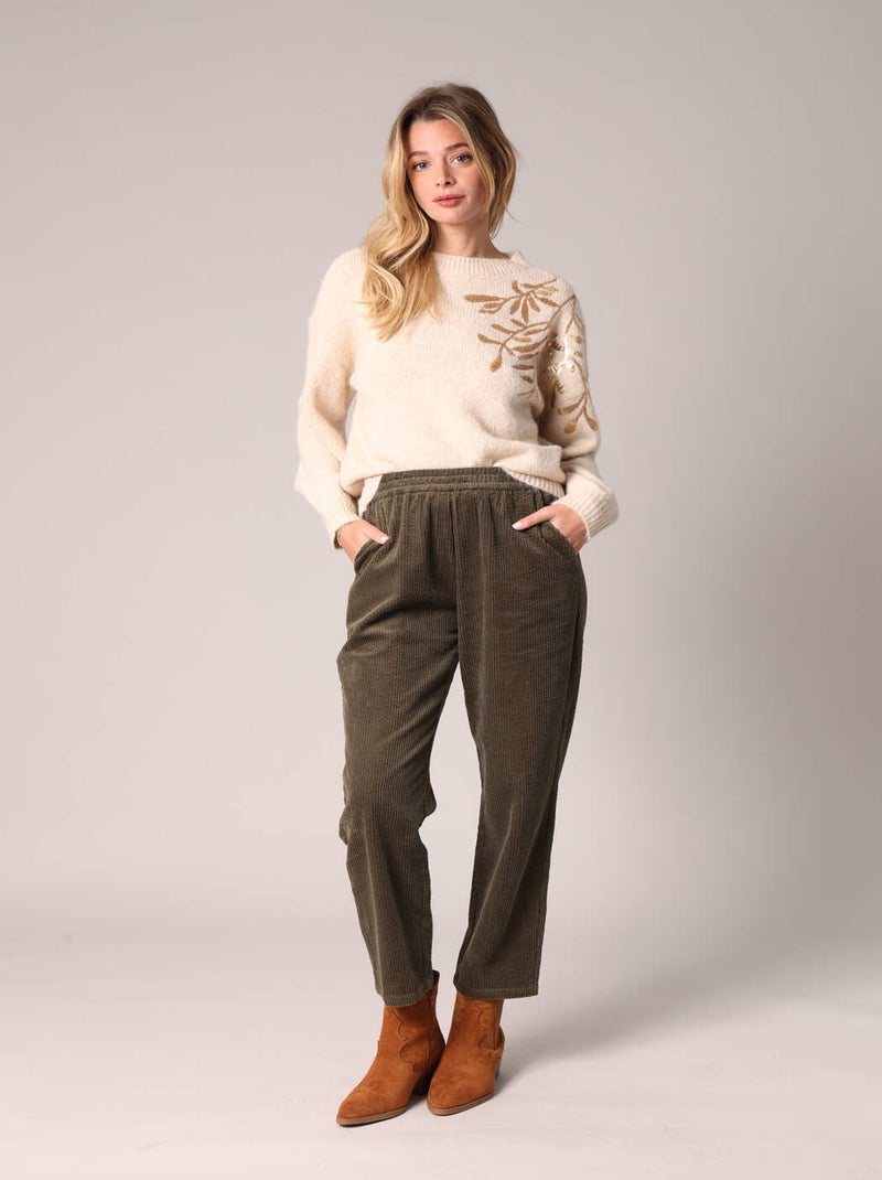 Pull en tricot orné de broderies florales à paillettes 'Deeluxe' Beige argile - Kiabi