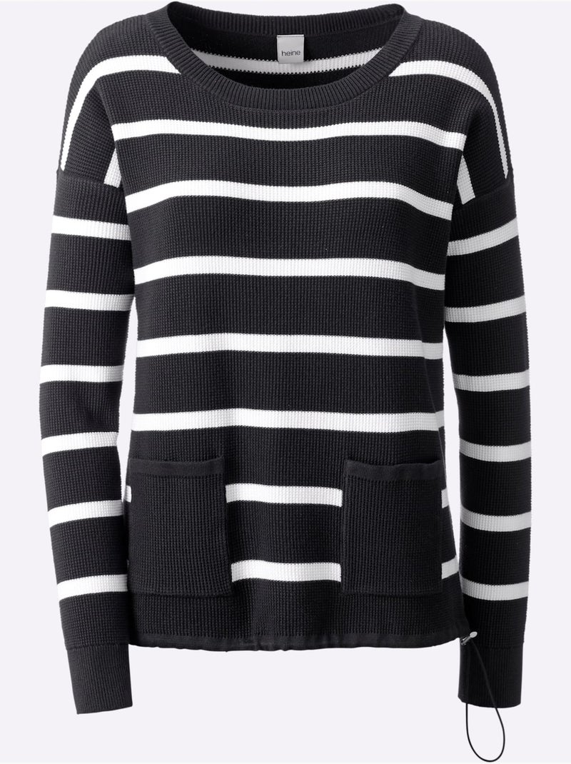 Pull En Tricot Pur Coton - Taille Standard - Helline Noir Ecru - Kiabi