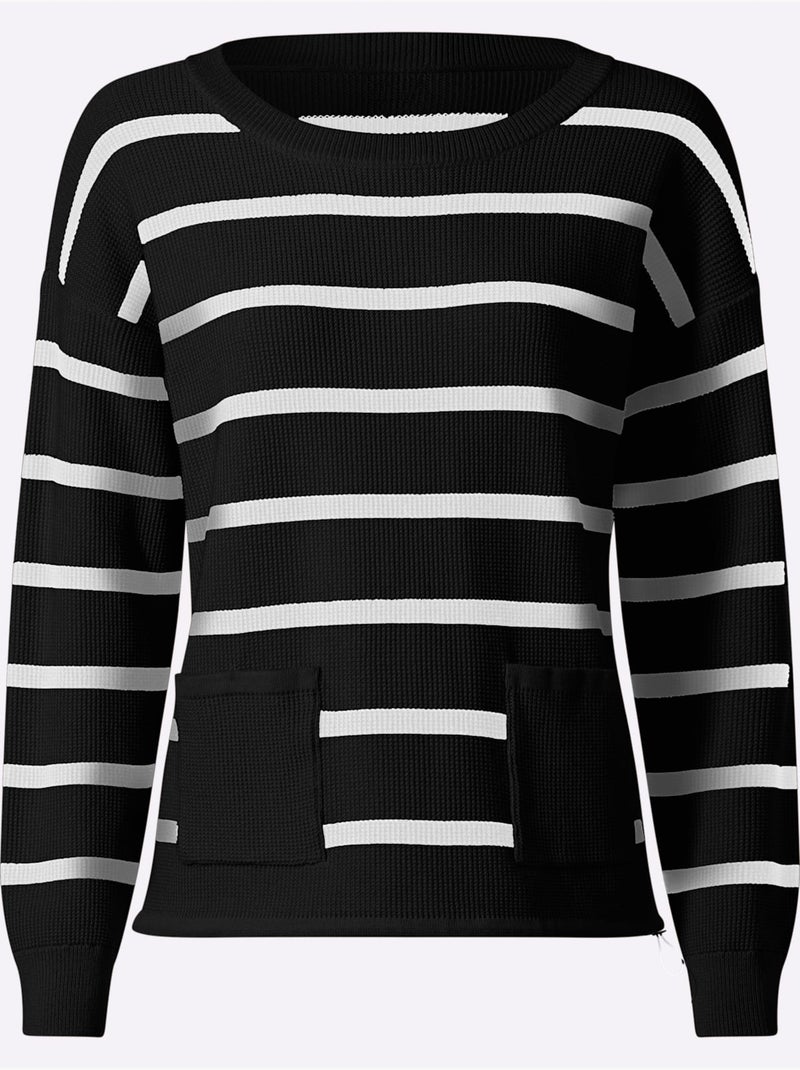 Pull En Tricot Pur Coton - Taille Standard - Helline Noir Ecru - Kiabi