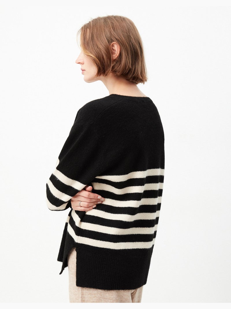 Pull en tricot rayé à col en V Noir - Kiabi
