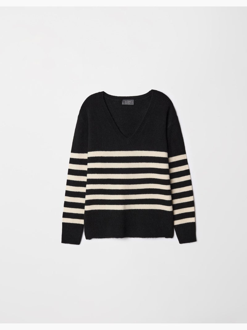 Pull en tricot rayé à col en V Noir - Kiabi
