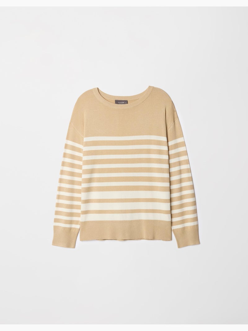 Pull en tricot rayé à col rond Beige - Kiabi