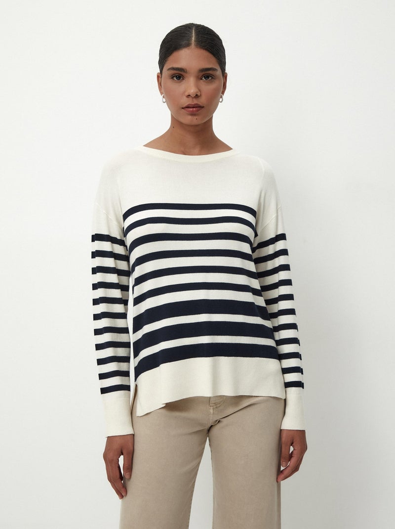 Pull en tricot rayé à col rond Bleu - Kiabi