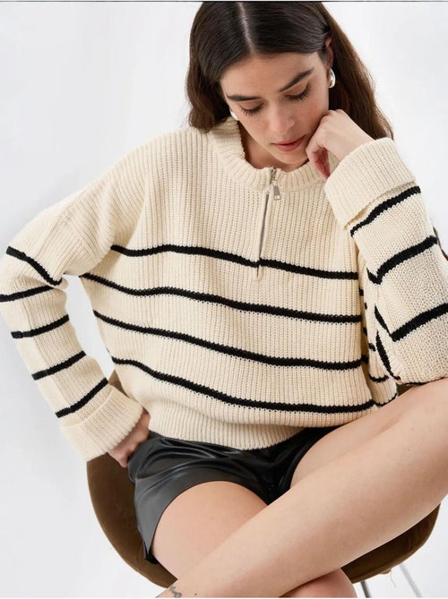 Pull en tricot rayé à fermeture éclair - Kiabi Pull en tricot rayé à fermeture éclair - Kiabi